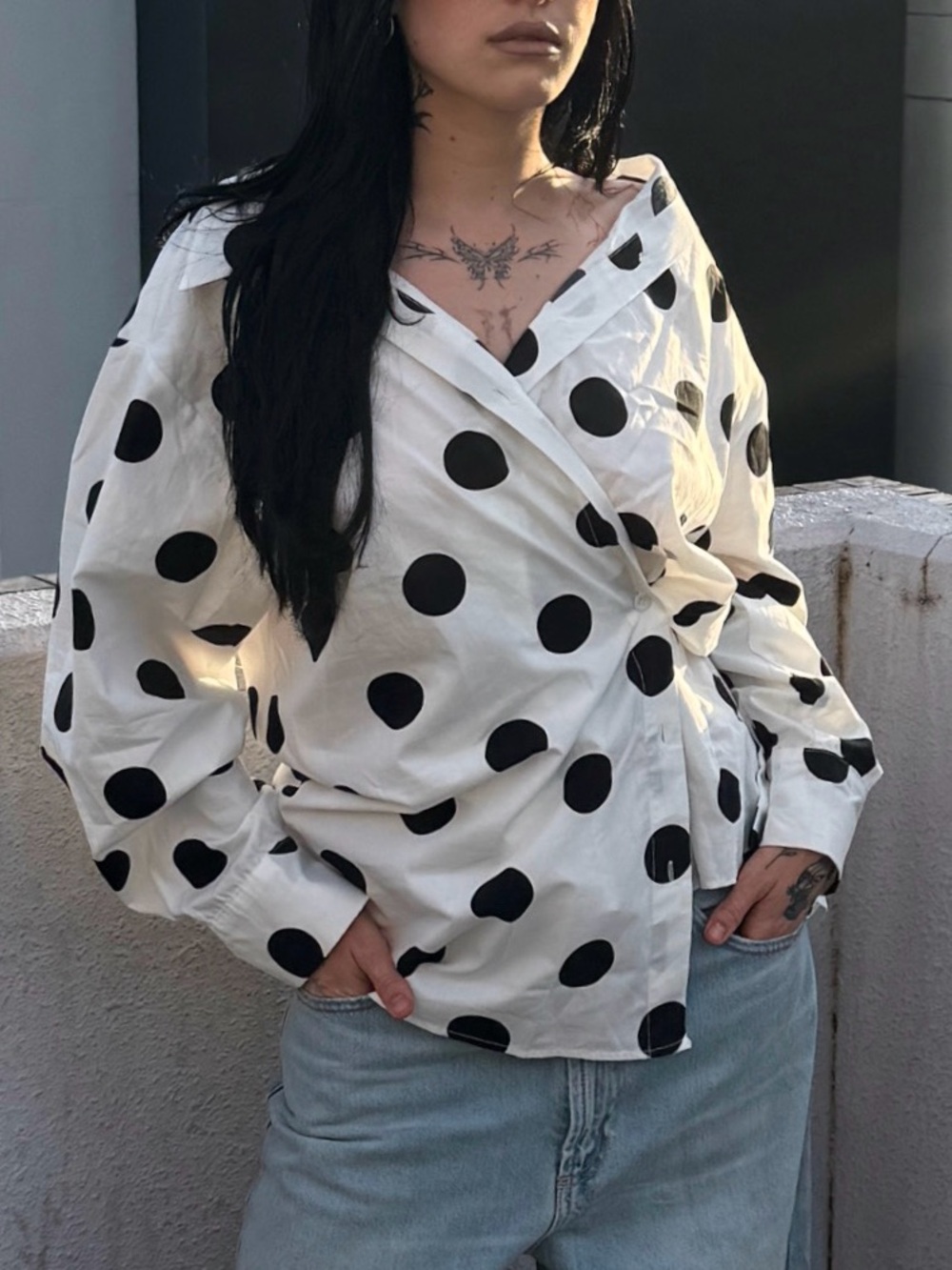 ASOS White Button-Down Shirt with Black Polka Dots
